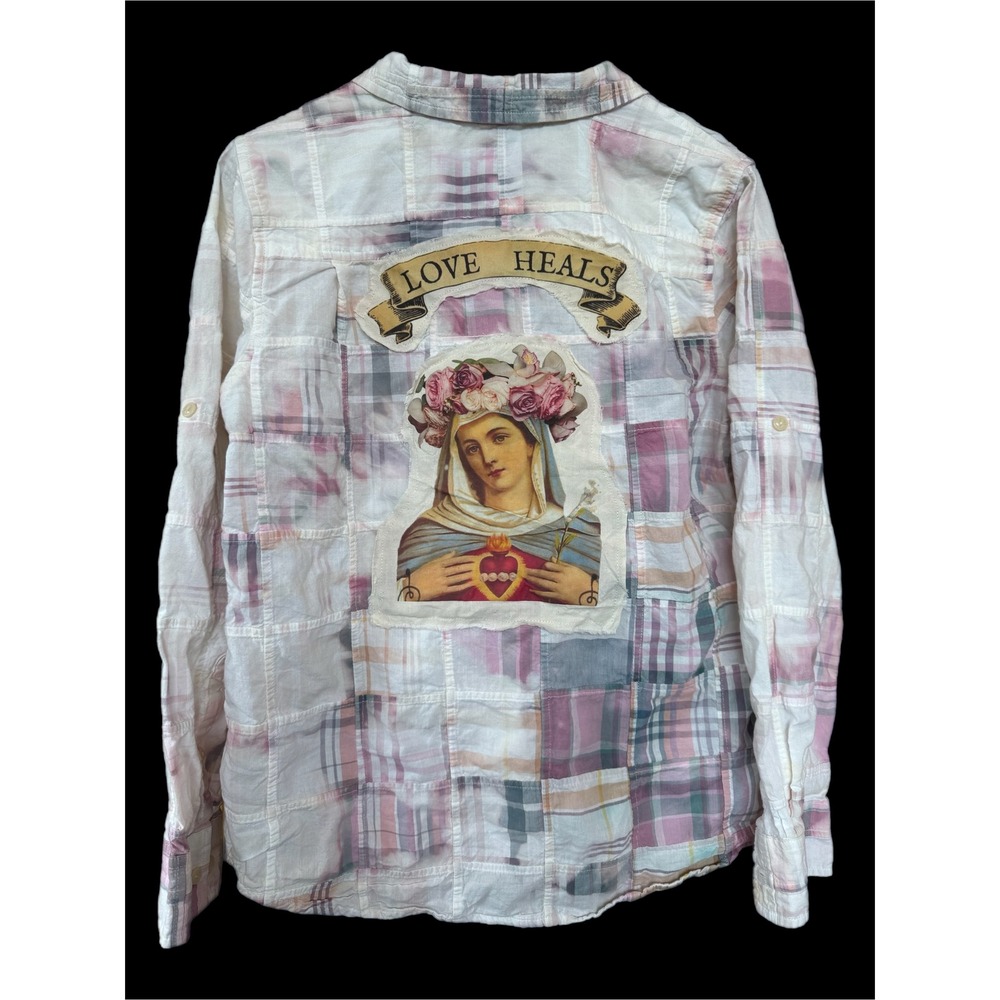 LL Bean Patchwork Shirt Sacred Heart Mary Love Heals Medium